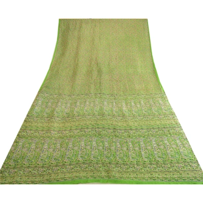 Sanskriti Vintage Sarees Green Indian Printed Pure Silk Sari Soft Craft Fabric, PR-63685