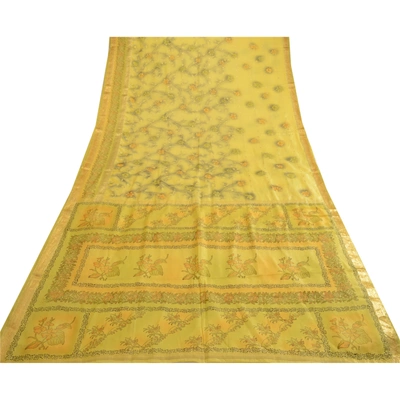 Sanskriti Vintage Sarees Yellow Zari Border Printed Pure Silk Sari Craft Fabric, PR-63686