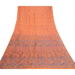 Sanskriti Vintage Sarees From India Orange Printed Pure Silk Sari Craft Fabric, PR-61058