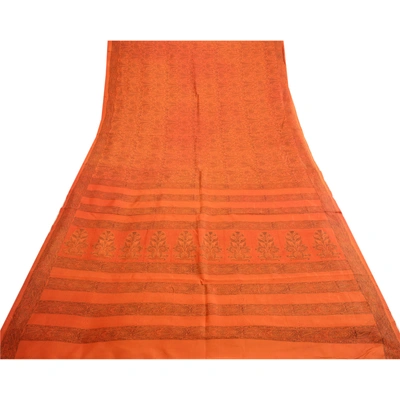 Sanskriti Vintage Sarees Saffron 100% Pure Silk Printed Sari 5Yd Craft Fabric, PR-63648