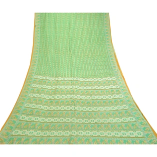 Sanskriti Vintage Sarees Green Human Printed 100% Pure Silk Sari Craft Fabric, PR-60982