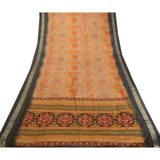 Sanskriti Vintage Sarees Orange Zari Border Printed Pure Silk Sari Craft Fabric, PR-63464