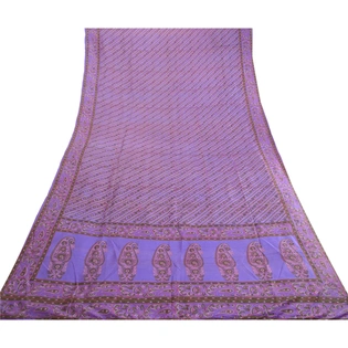 Sanskriti Vintage Sarees Lavender Pure Silk Printed Sari Soft 5Yd Craft Fabric, PR-63493