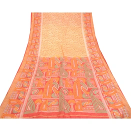 Sanskriti Vintage Sarees Beige 100% Pure Silk Printed Sari 5Yd Soft Craft Fabric, PR-60742