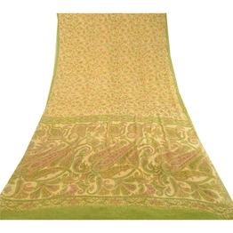 Sanskriti Vintage Sarees Cream Indian Pure Silk Printed Sari Soft Craft Fabric, PR-60676