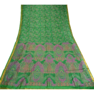 Sanskriti Vintage Sarees Green Pure Silk Printed Zari Border Sari Craft Fabric, PR-60634