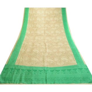 Sanskriti Vintage Sarees Ivory Indian 100% Pure Silk Printed Sari Craft Fabric, PR-63526