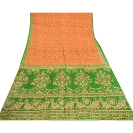 Sanskriti Vintage Orange Sarees Indian Pure Silk Printed Sari Soft Craft Fabric, PR-60316