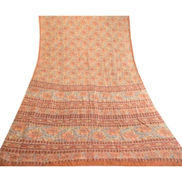 Sanskriti Vintage Sarees Orange Indian Pure Silk Printed Sari Soft Craft Fabric, PR-63532