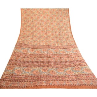 Sanskriti Vintage Sarees Orange Indian Pure Silk Printed Sari Soft Craft Fabric, PR-63532