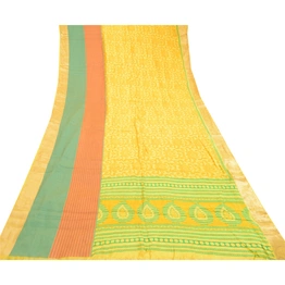 Sanskriti Vintage Sarees Yellow Printed Pure Silk Zari Border Sari Craft Fabric, PR-60563