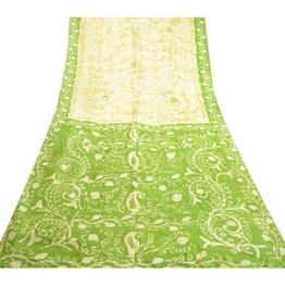 Sanskriti Vintage Green Sarees 100% Pure Silk Batik Work Sari Craft 5 Yd Fabric, PR-63538