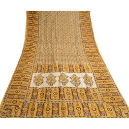 Sanskriti Vintage Yellow Sarees Printed Pure Silk Sari Floral 5Yd Craft Fabric, PR-58070