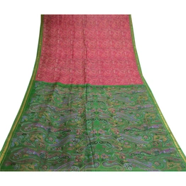 Sanskriti Vintage Pink Sarees Printed Zari Border Pure Silk Sari Craft Fabric, PR-58067