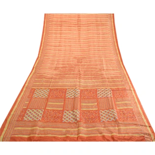 Sanskriti Vintage Rusty Orange Sarees Pure Silk Printed Sari Craft 5 Yard Fabric, PR-63543