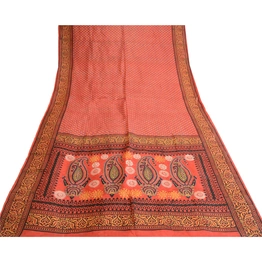 Sanskriti Vintage Red Indian Sarees Printed Pure Silk Sari 5Yd Soft Craft Fabric, PR-58060