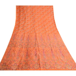 Sanskriti Vintage Orange Indian Sarees Printed Pure Silk Sari 5Yd Craft Fabric, PR-57685