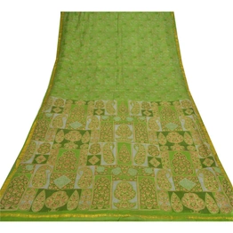 Sanskriti Vintage Green Sarees Pure Silk Printed Sari Zari Border Sewing Fabric, PR-54959