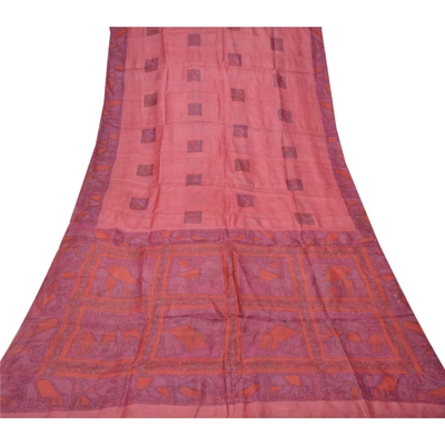 Sanskriti Vintage Pink Sarees Pure Silk Elephant Printed Sari Soft Craft Fabric, PR-54699