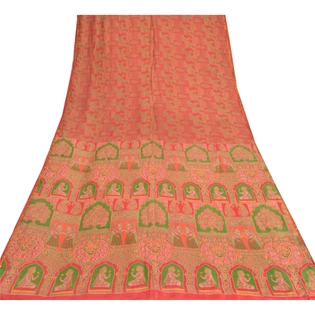 Sanskriti Vintage Red Sarees Pure Silk Printed Golden Border Fabric Craft Sari, PR-54538