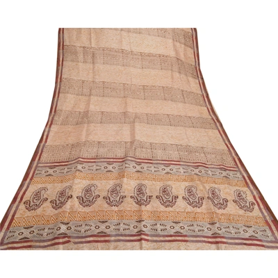 Sanskriti Vintage Cream Sarees Pure Silk Printed Sari Soft Indian Craft Fabric, PR-53702