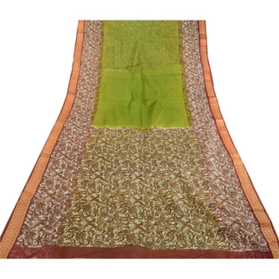 Sanskriti Vintage Sarees From India Green Printed Pure Silk Sari Craft Fabric, PR-63597