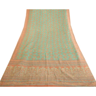 Sanskriti Vintage Sarees Indian Green Pure Silk Printed Sari Floral Craft Fabric, PR-63610