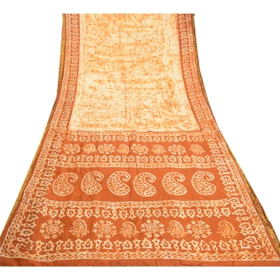 Sanskriti Vintage Sarees Cream Batik Printed Zari Border Pure Silk Sari Fabric, PR-61261