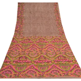 Sanskriti Vintage Brown Sarees Pure Silk Printed Sari Floral Soft Craft Fabric, PR-55404