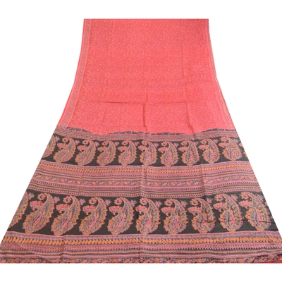 Sanskriti Vintage Sarees Red Indian Pure Silk Printed Sari Soft 5Yd Craft Fabric, PR-63557