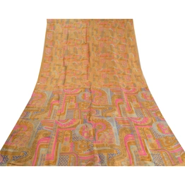 Sanskriti Vintage Salted Caramel Printed Sarees Pure Silk Sari 5Yd Craft Fabric, PR-58772