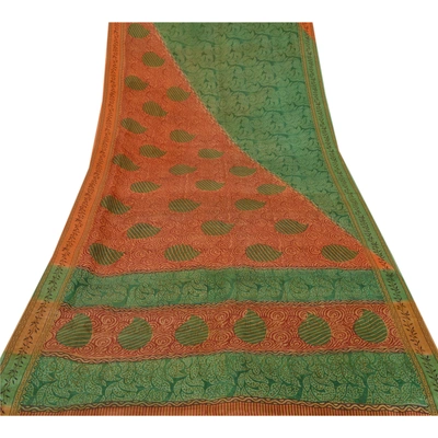 Sanskriti Vintage Green Sarees 100% Pure Silk Printed Sari Craft 5 Yard Fabric, PR-48504