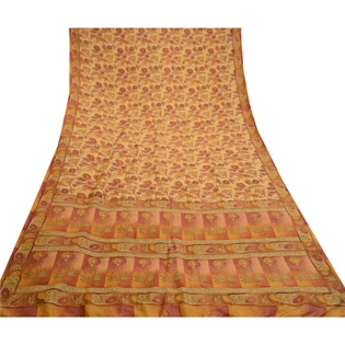 Sanskriti Vintage Beige Indian Sarees Pure Silk Printed Sari Soft Craft Fabric, PR-58553