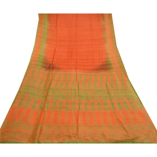 Sanskriti Vintage Orange Indian Sarees Pure Silk Printed Sari Soft Craft Fabric, PR-58456