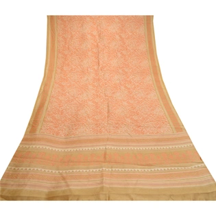 Sanskriti Vintage Peach Sarees 100% Pure Silk Printed Sari Floral Craft Fabric, PR-58503