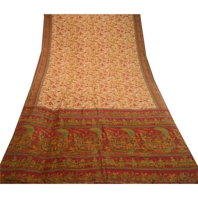 Sanskriti Vintage Indian Red Sarees Pure Silk Human Printed Sari Craft Fabric, PR-58499