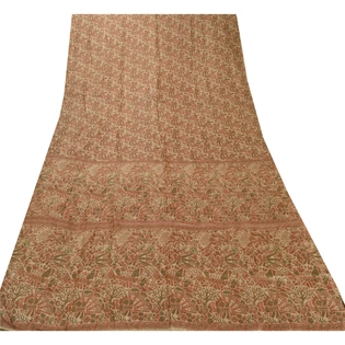 Sanskriti Vintage Cream Sarees Pure Silk Printed Sari Craft Decor Soft Fabric, PR-49538