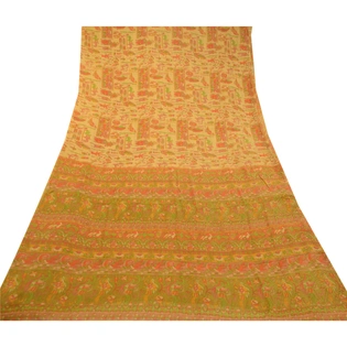 Sanskriti Vintage Beige Sarees Pure Silk Human Animal Printed Sari Craft Fabric, PR-58299