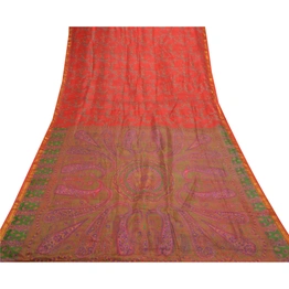 Sanskriti Vintage Red Indian Sarees Pure Silk Printed Zari Border Sari Fabric, PR-54346