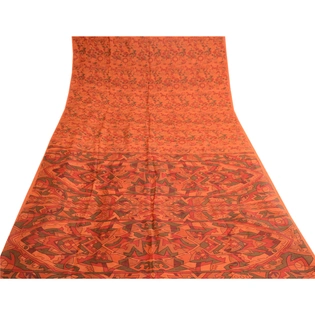 Sanskriti Vintage Orange Sarees Printed 100% Pure Silk Sari Soft Craft Fabric, PR-58085