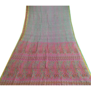 Sanskriti Vintage Sarees Green Zari Border Pure Silk Printed Sari Craft Fabric, PR-63657