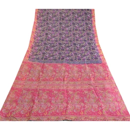 Sanskriti Vintage Sarees Blue Indian Pure Silk Printed Sari Floral Craft Fabric, PR-63579