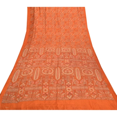 Sanskriti Vintage Orange Sarees Pure Silk Human Peacock Print Sari Craft Fabric, PR-54872