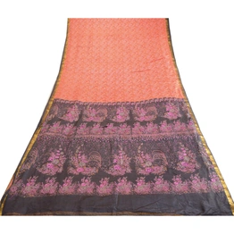 Sanskriti Vintage Sarees Peach Zari Border Pure Silk Printed Sari Craft Fabric, PR-63604