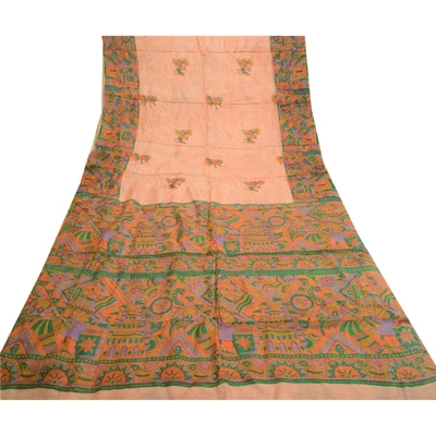 Sanskriti Vintage Sarees Peach Human Printed 100% Pure Silk Sari Craft Fabric, PR-61606