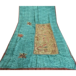 Sanskriti Vintage Sarees Green 100% Pure Silk Printed Sari Craft 5 Yard Fabric, PR-63546