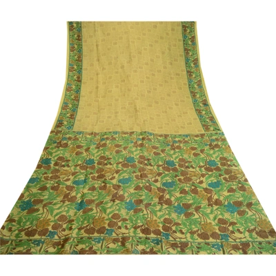 Sanskriti Vintage Sarees Green 100% Pure Silk Printed Sari Floral Craft Fabric, PR-61579