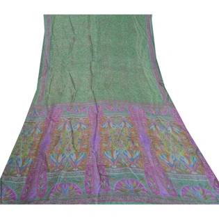 Sanskriti Vintage Green Indian Sarees 100% Pure Silk Printed Sari Craft Fabric, PR-56096