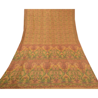 Sanskriti Vintage Brown Sarees 100% Pure Silk Printed Sari Floral Craft Fabric, PR-56268