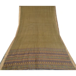 Sanskriti Vintage Sarees Green Indian Printed Pure Silk Sari 5Yd Craft Fabric, PR-63768